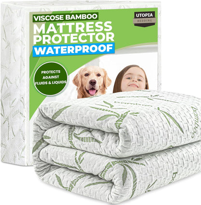 Utopia Bedding Waterproof Mattress Protector - Twin Size, Soft Bamboo Viscose Cooling Cover | 15-Inch Deep Pockets