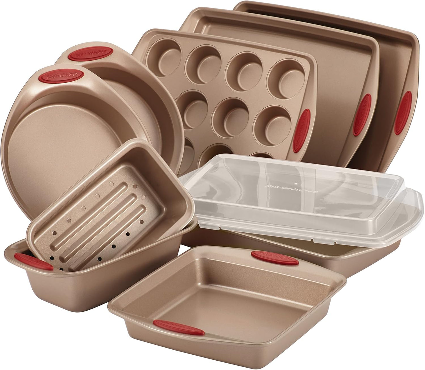 Rachael Ray Cucina Nonstick Bakeware Set - 10-Piece Baking Essentials in Latte Brown with Cranberry Red Grips
