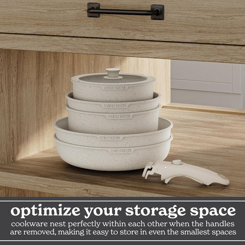 Country Kitchen Cookware Set - Removable Handle, Oven & RV Safe Pots and Pans, Cream Finish