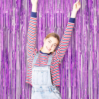 Voircoloria Laser Purple Foil Fringe Backdrop Curtains - 3 Pack Tinsel Streamers for Parties & Events