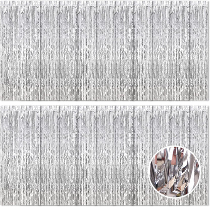 Skiennix Silver Foil Curtain Backdrop - 20 Pack Metallic Tinsel Fringe | 3.2ft x 8.2ft for Parties & Photo Booths