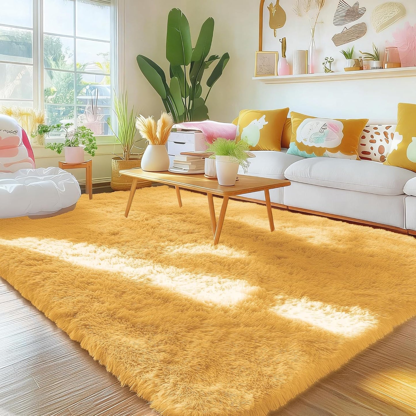 OLANLY Area Rugs - Soft Fluffy Shaggy Indoor Carpet for Living Room & Bedroom | 4x5.9 ft Mustard Yellow
