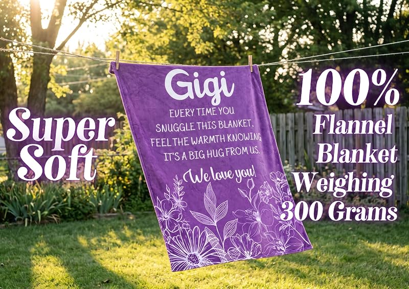 Gigi Gifts Flannel Throw Blanket 50x65 in with Purple Flowers - 300gsm Cozy Gift for Grandma