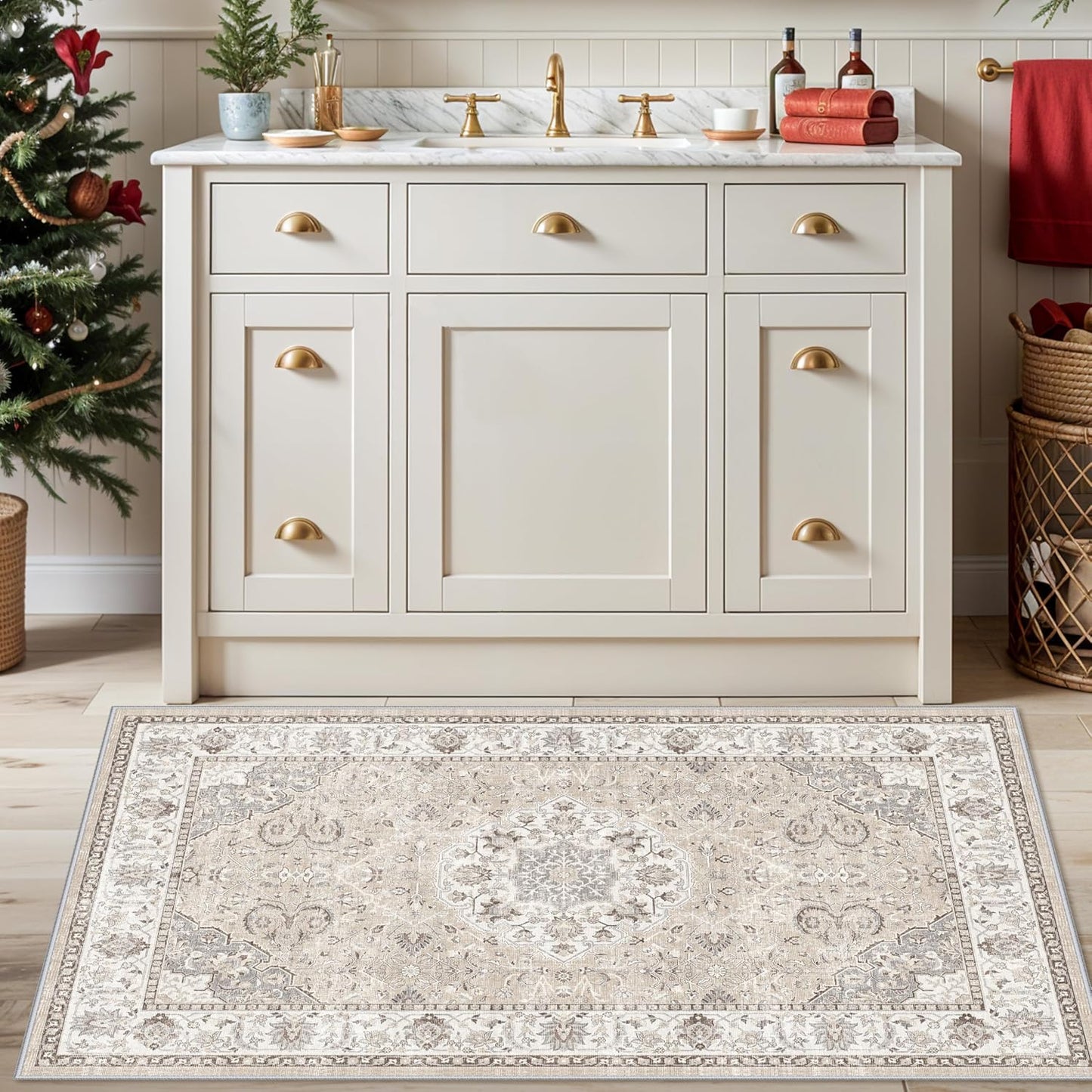 Skiennix Washable 3x4 Floor Mats - Non-Slip Water-Resistant Area Rug for Kitchen & Bathroom | Beige