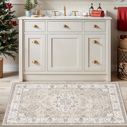 Skiennix Washable 3x4 Floor Mats - Non-Slip Water-Resistant Area Rug for Kitchen & Bathroom | Beige