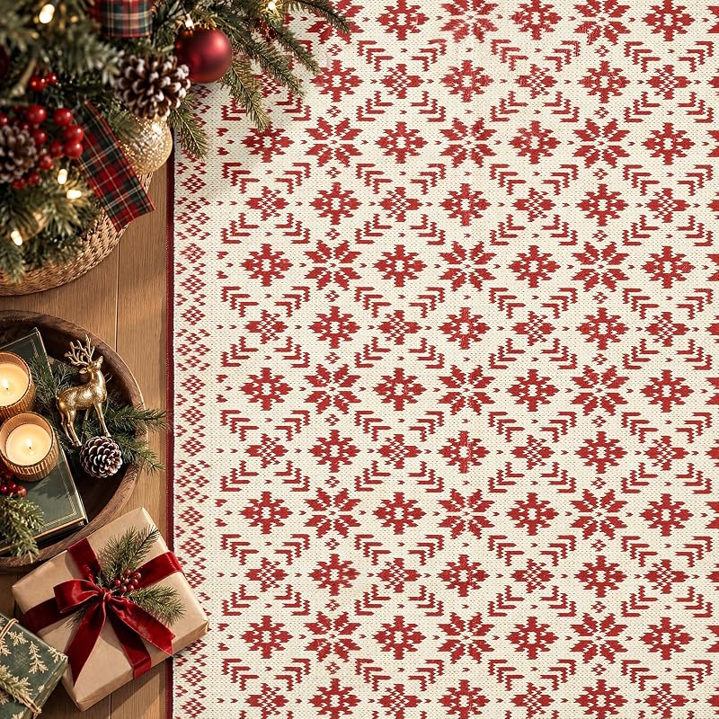 Jinchan Christmas Runner Rug 3x8 - Knit Snowflake Print, Ivory & Red (Variation: Knit Red on Ivory+3' x 8')
