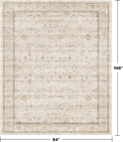 Skiennix Beige Floral Washable Area Rug - 7x9 Non-Slip Soft Geometric Carpet for Living Room & Dining Room