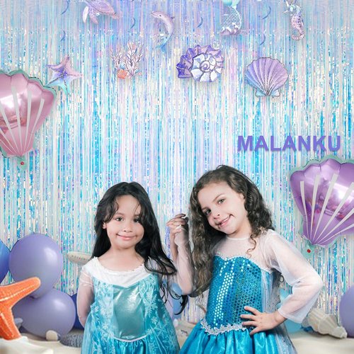 MALANKU Iridescent Streamers - Tinsel Curtain Backdrop for Mermaid & Winter Parties | 2 Packs, 3.3ft x 6.5ft
