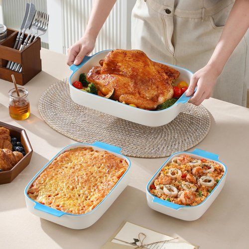 MALACASA Casserole Dishes Set of 3 - Ceramic Baking Pans with Handles | Rectangular Lasagna Pans in White with Blue Trim (13.8''/11.7''/9.4'')