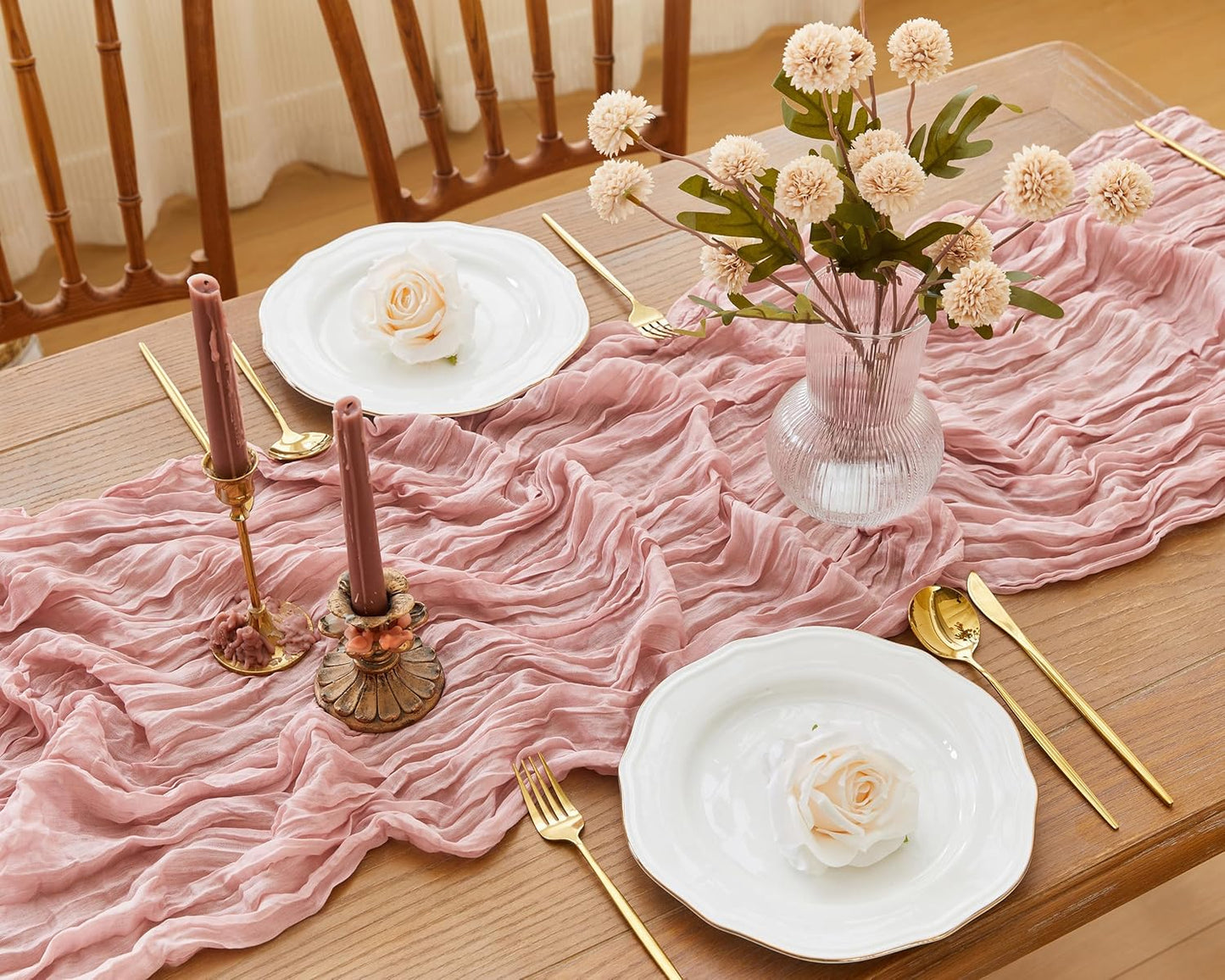 QINJIEJIE Table Runner - 120-Inch Boho Sheer Cheesecloth for Summer Decor | Dusty Pink