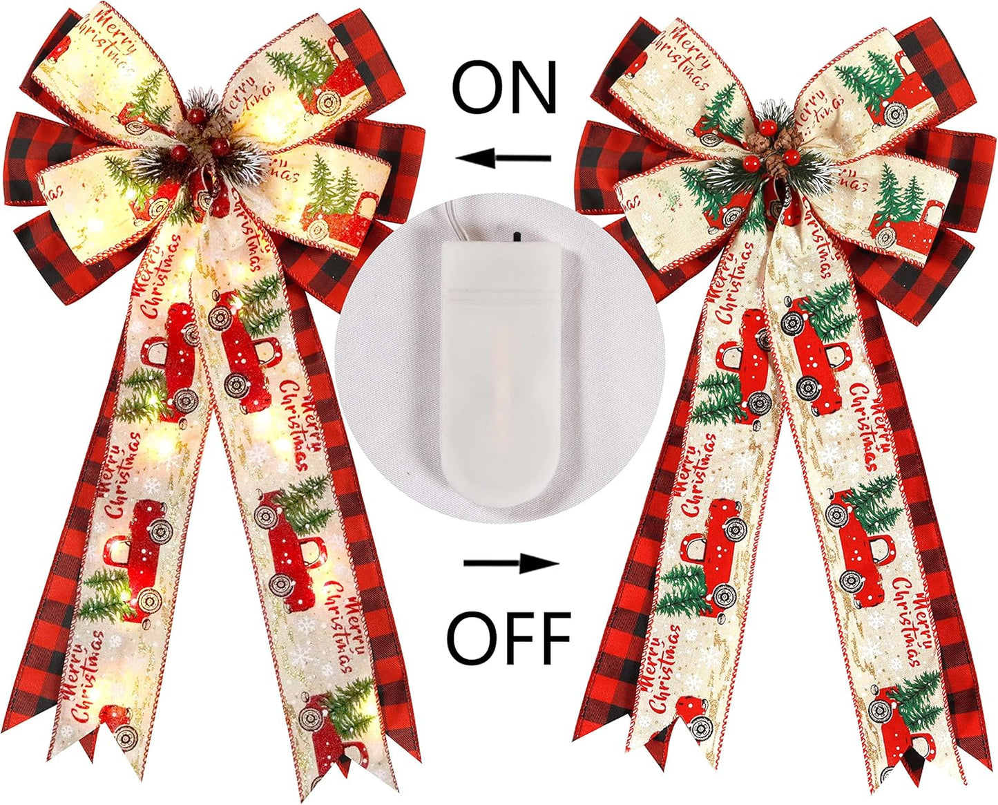 Regine Switzerland Christmas Tree Topper Bow - 30 LED Lights, 13”x25” Large Red Black Buffalo Plaid Rustic Decor