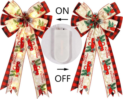 Regine Switzerland Christmas Tree Topper Bow - 30 LED Lights, 13”x25” Large Red Black Buffalo Plaid Rustic Decor