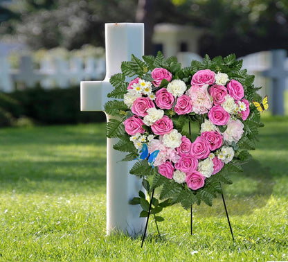 MUVIC Cemetery Flower Wreath - Elegant Heart-Shaped Memorial Floral Arrangement | 27-Inch Pink Hibiscus, Rose, Carnation, Daisy