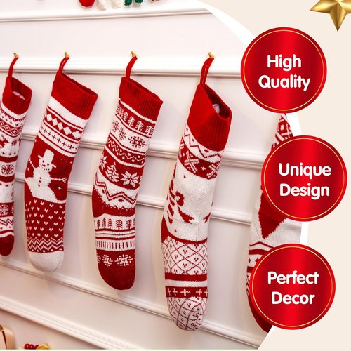 JOYIN 6 Pack Christmas Knit Stockings - Large Rustic Yarn Design with Snowflakes & Reindeer for Holiday Decor