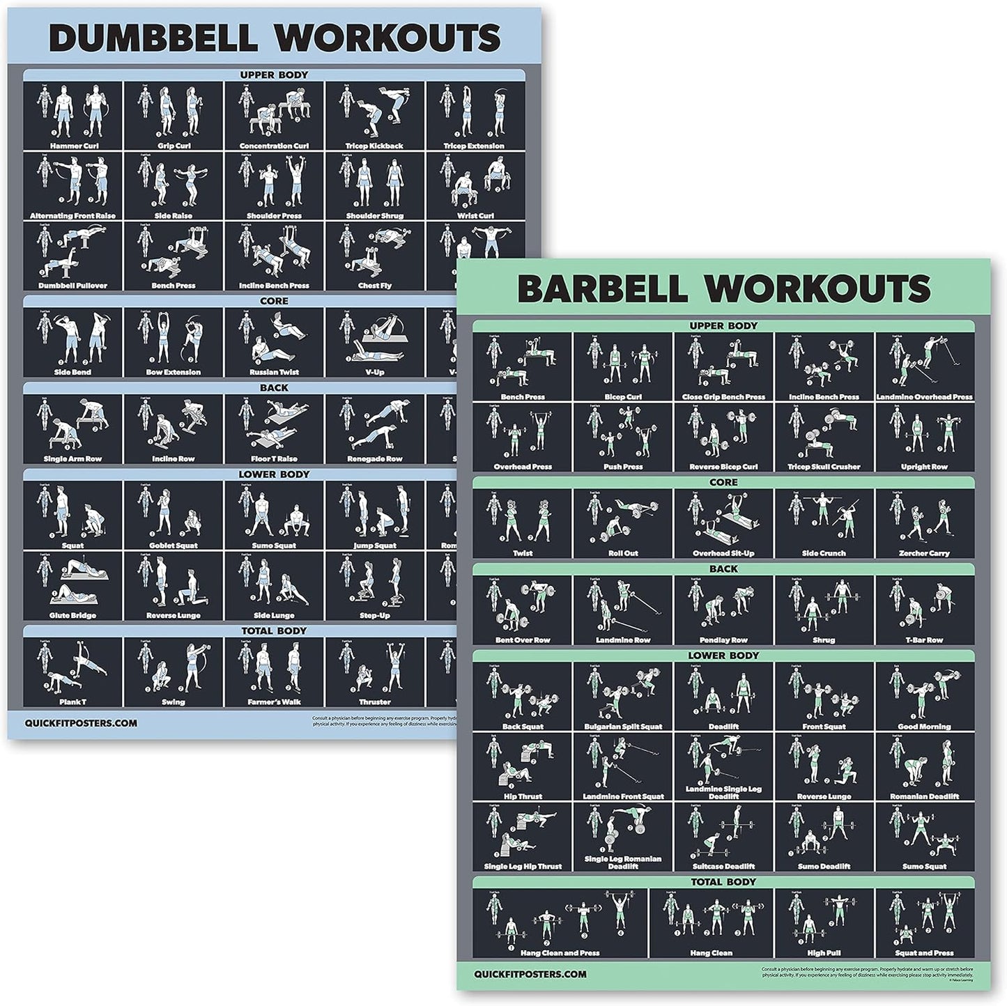 Palace Learning Dumbbell & Barbell Exercise Poster Set - Laminated 2 Chart Workout Guide | 18” x 24”