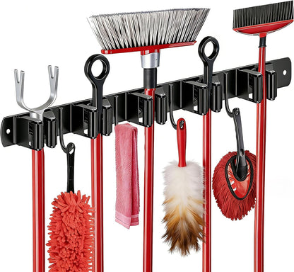 Skiennix Mop and Broom Holder - Heavy Duty Wall Mount Organizer with 5 Racks & 4 Hooks | Non-Slip Storage Solution for Home & Garage
