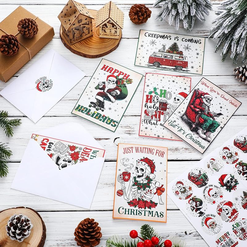Skeleton Christmas Cards Bulk Set 24 with Envelopes — 12 Designs, 4x6 inches, Blank Inside (Variation: 24+Vintage Christmas Skeleton)