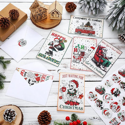 Skeleton Christmas Cards Bulk Set 24 with Envelopes — 12 Designs, 4x6 inches, Blank Inside (Variation: 24+Vintage Christmas Skeleton)