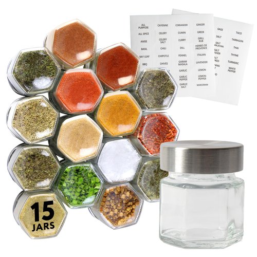 Impresa 15 Pack Hexagonal Magnetic Spice Jars, Includes 60 Labels, Glass Spice Storage Containers with Stainless Steel Magnet Lids for Fridge and Backsplash Organization, Honeycomb Design