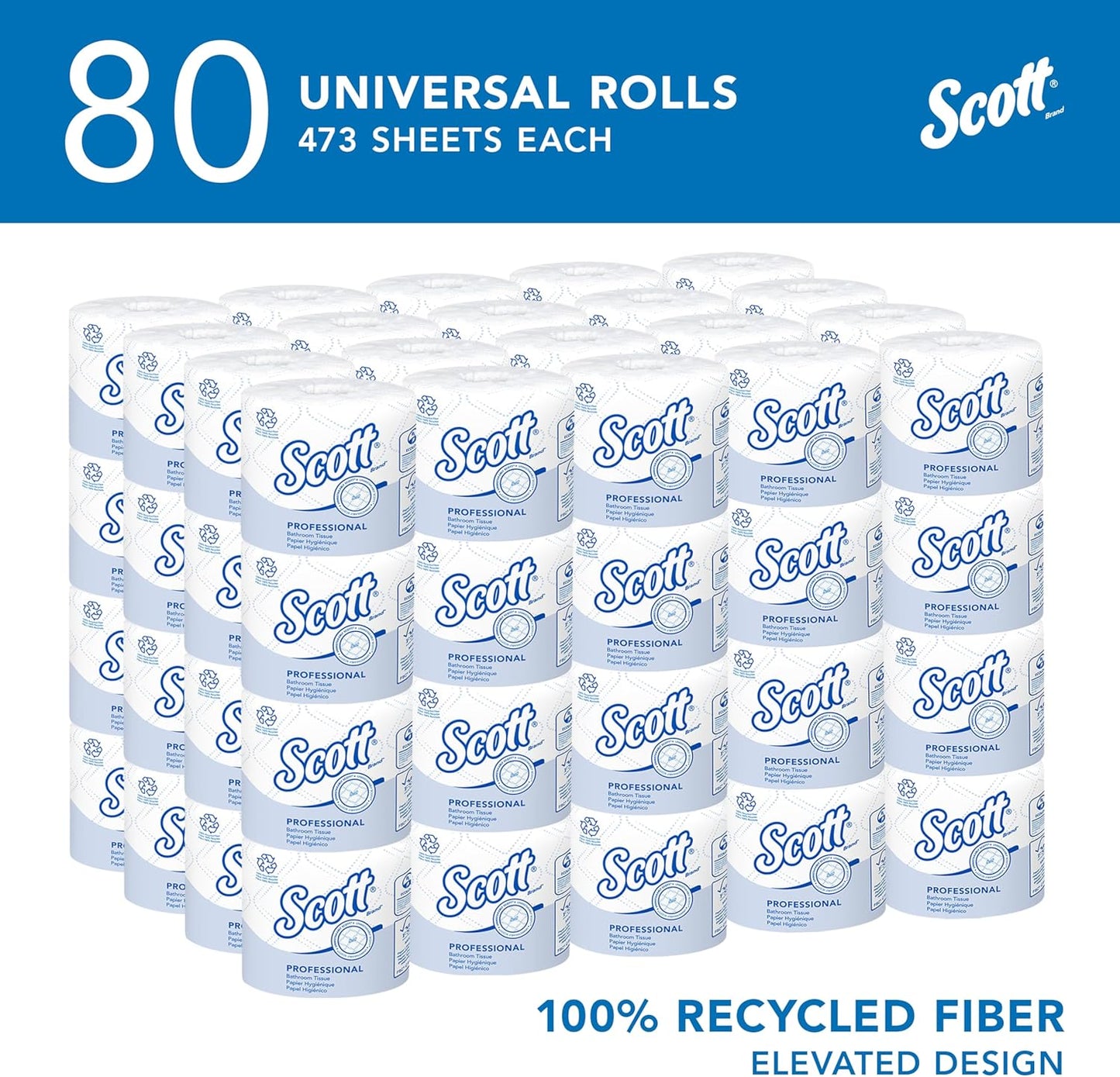 Scott Professional 100% Recycled Fiber Toilet Paper - 2-Ply, Individually Wrapped, 80 Rolls (37,840 Sheets)