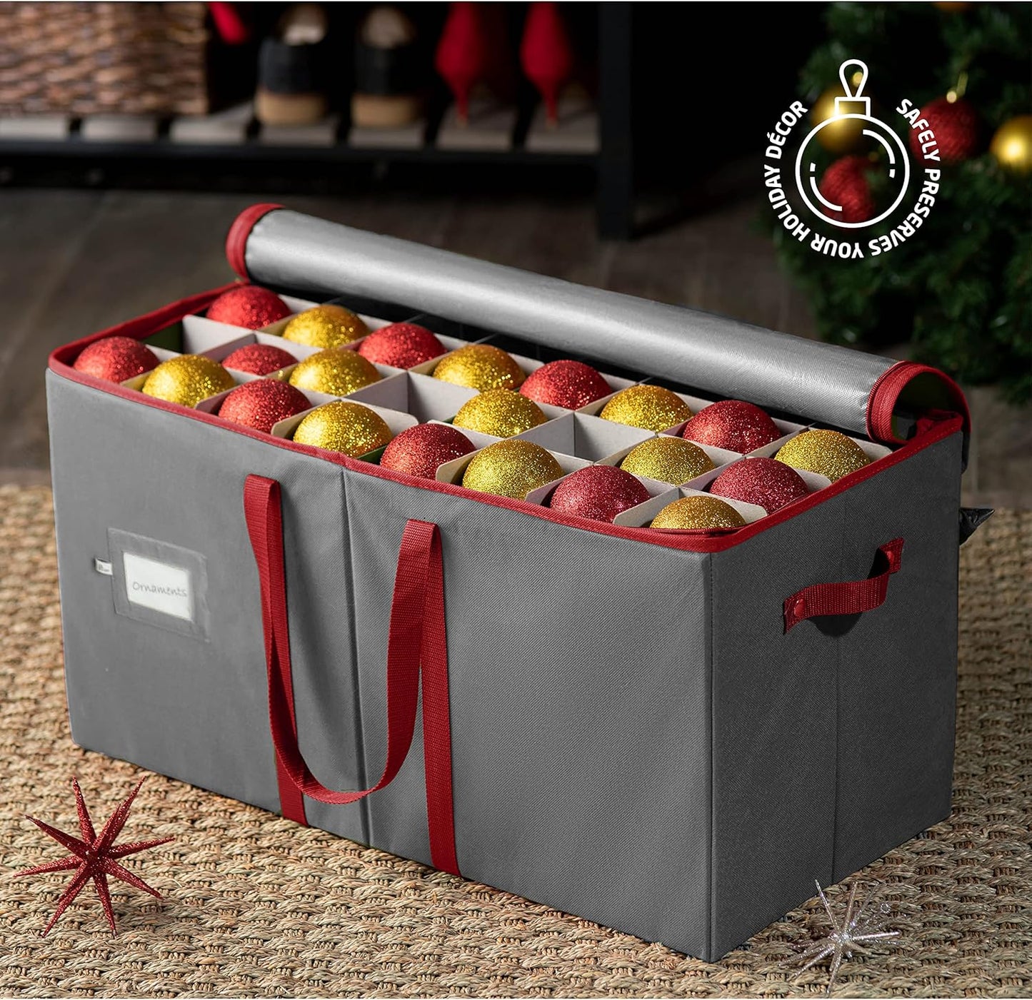 ZOBER Large Christmas Ornament Storage Box | Holds 128 3" Ornaments - Durable Organizer with Dividers & Extra Pockets - Gray