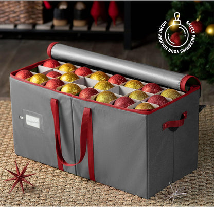 ZOBER Large Christmas Ornament Storage Box | Holds 128 3" Ornaments - Durable Organizer with Dividers & Extra Pockets - Gray