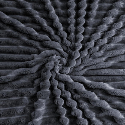 Skiennix Super Soft Queen Blanket - Premium Silky Flannel Fleece, 3D Striped Jacquard Design, 90x90 Inches, Dark Grey
