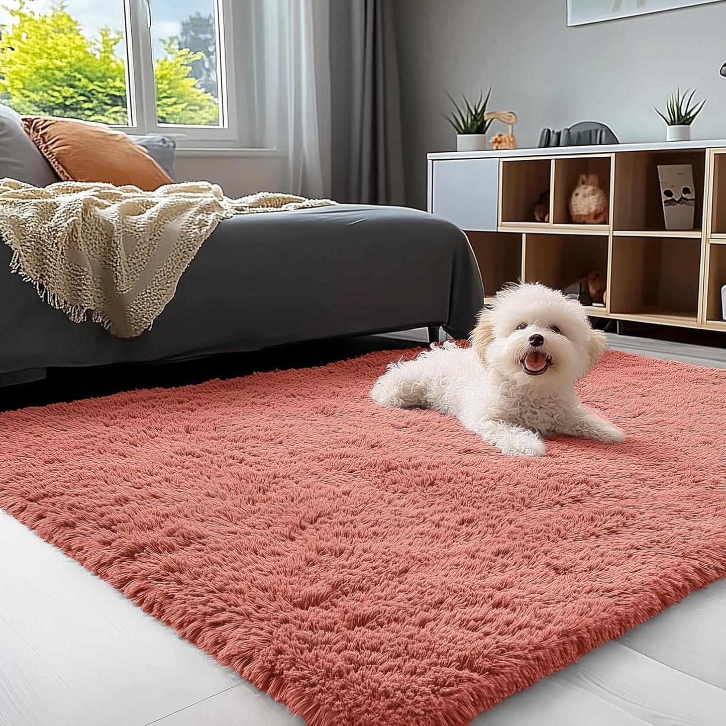 OLANLY Soft Fluffy Shaggy Rug - Machine Washable 3x5 Bedside Carpet for Kids & Nursery | Rust Red