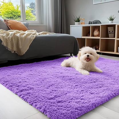 OLANLY 3x5 Machine Washable Small Bedside Rug, Soft Fluffy Shaggy Rugs for Living Room, Bedroom, Indoor Floor Carpet for Kids Girls and Boys, Preppy Dorms, Nursery, Home Decor Aesthetic, Purple