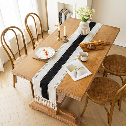 Shadow Black 12x90 In. Farmhouse Table Runner - Boho Bohemian Silk Polyester Cotton, 90" Long