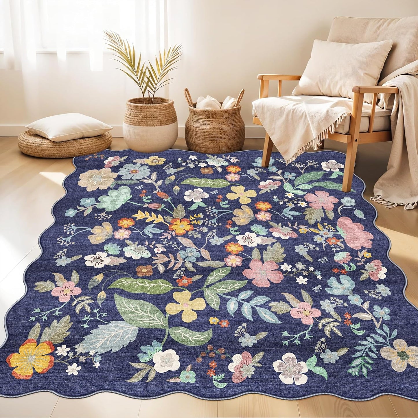 Skiennix Floral Square Area Rug - Washable 5x5 Soft Water-Resistant Carpet for Living Room & Bedroom | Non-Slip Backing, Purple