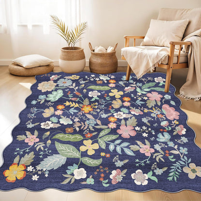 Skiennix Floral Square Area Rug - Washable 5x5 Soft Water-Resistant Carpet for Living Room & Bedroom | Non-Slip Backing, Purple