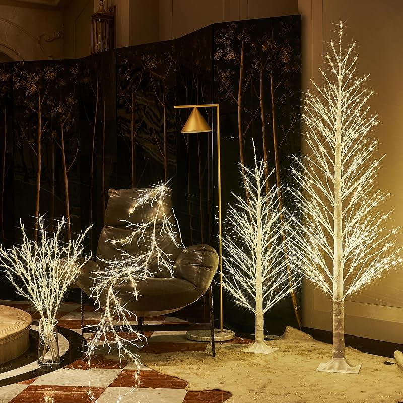 Lighted Alpine Tree 6FT with 810 LED Warm White Lights - White Bark Finish, Ground Stakes Included