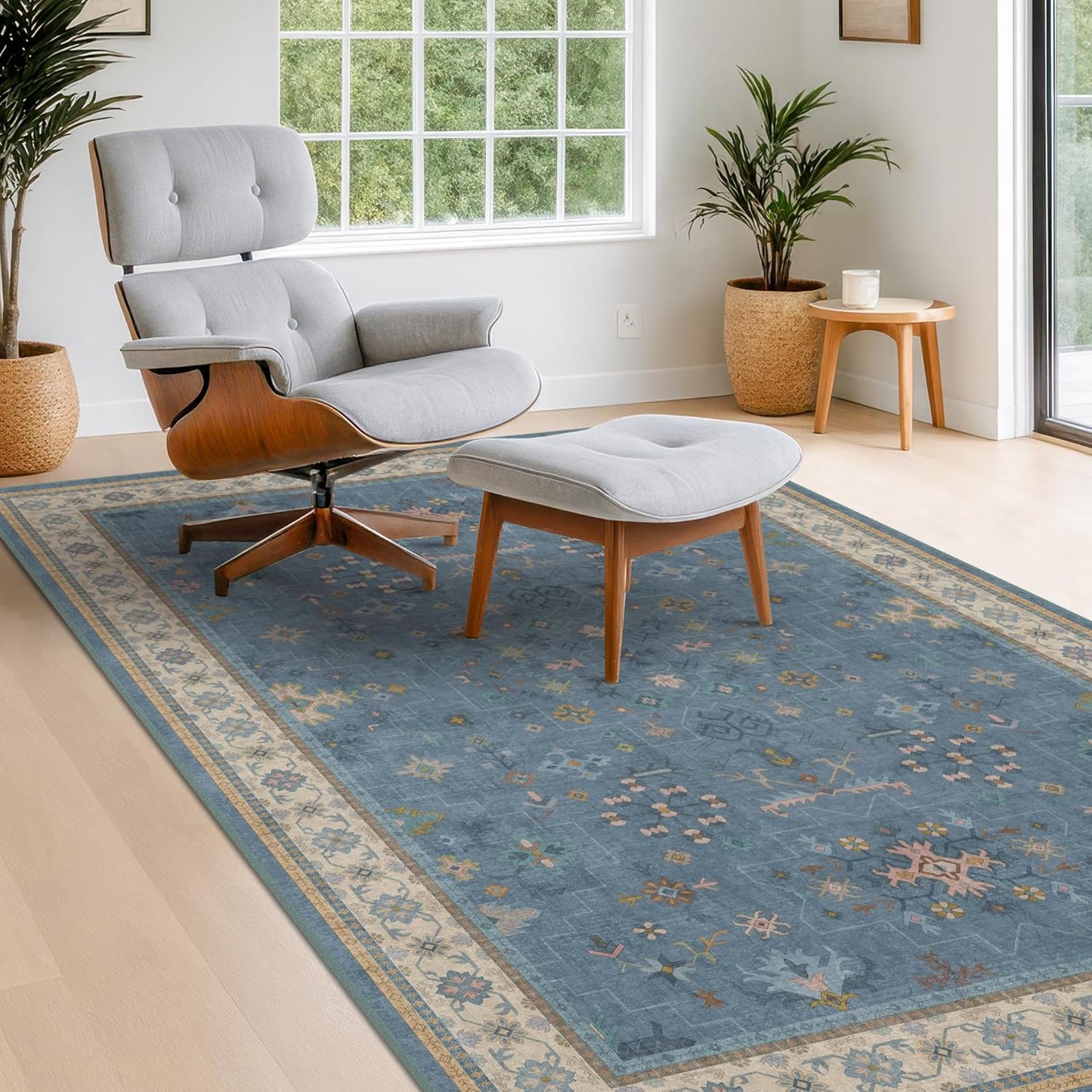 Skiennix Washable 4x6 Area Rug - Stain Resistant Non-Slip Design for Living Room & Kitchen | Light Blue & Aqua Floral Décor