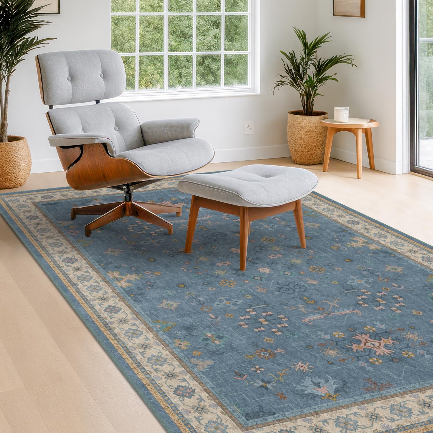 Washable 4x6 Small Rug for Living Room, Area Rug for Kitchen, Bedside, Large Entryway Indoor - Stain Resistant Non Slip with Rubber Backing, Unique Floral Aethestic Décor, Light Blue & Aqua