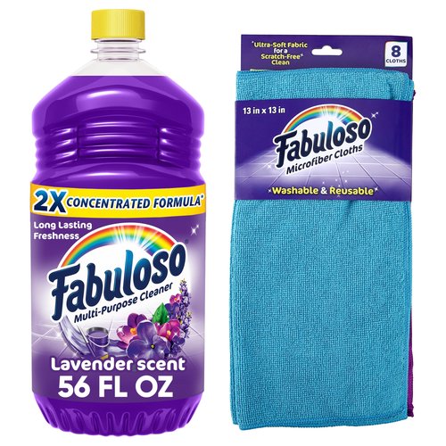 Fabuloso Multi-Purpose Cleaner & Floor Cleaner, 2X Concentrated, Lavender Scent, 56 fluid ounces Microfiber Cleaning Cloths - Rainbow Colors