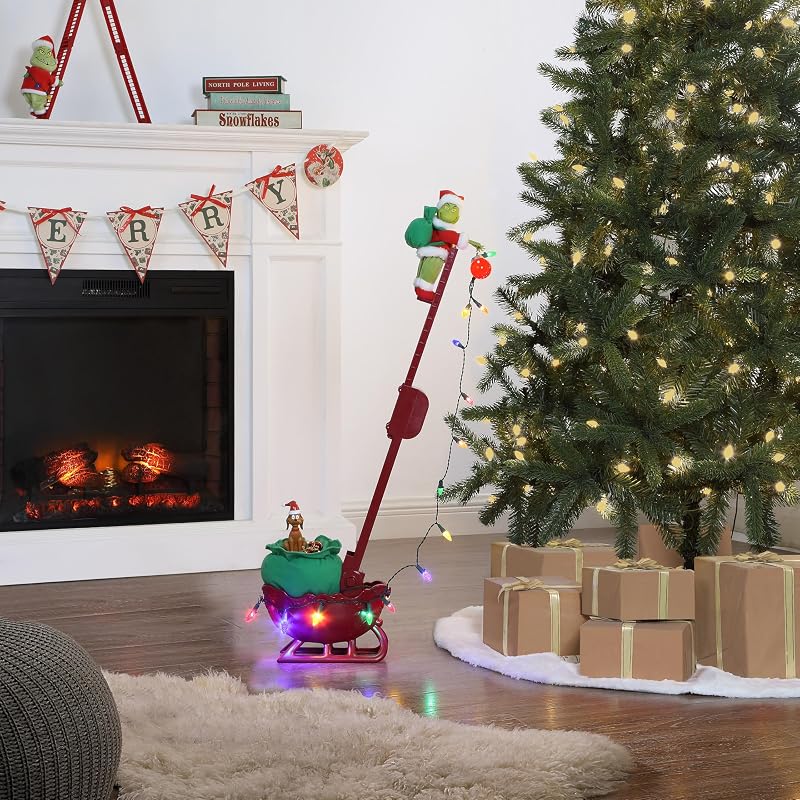 Grinch Animated Utility Sleigh with Ladder, LED Lights & Max the Dog – 34.5" Holiday Decoration