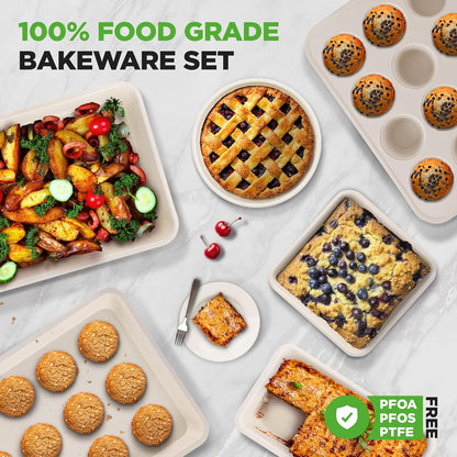 NutriChef 6-Piece Baking Pan Set - Premium Ceramic Nonstick Carbon Steel Bakeware | Includes Muffin, Cake, Loaf, & Cookie Pans - Turquoise