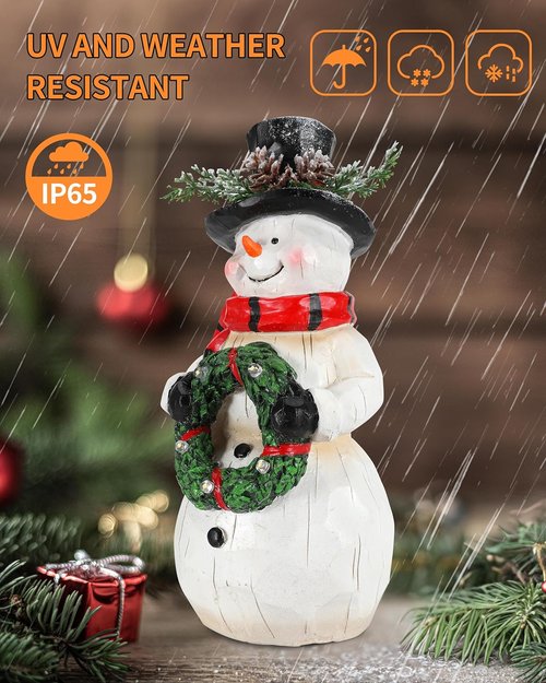 iStatue Light-Up Snowman Figurine - Charming 9.25'' Resin Snowman with Wreath & LED Lights for Winter Decor