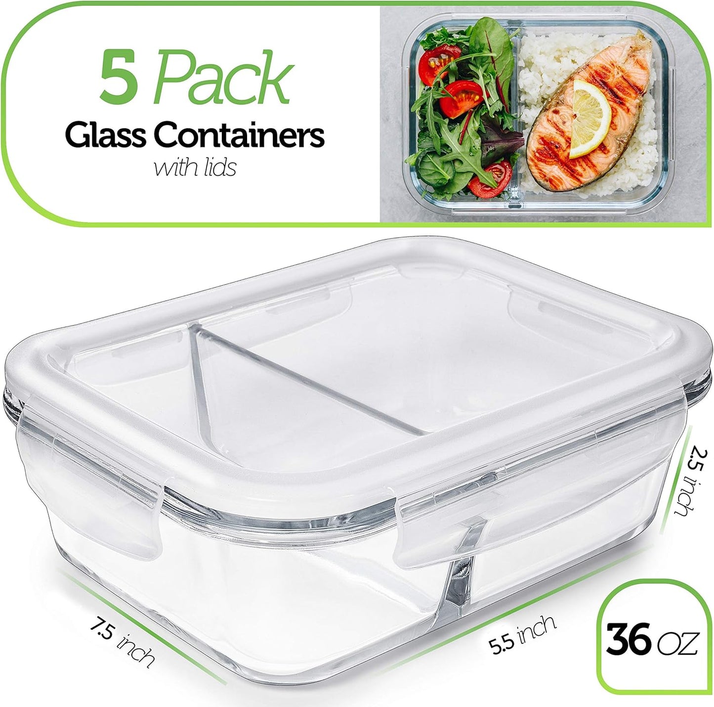 Prep Naturals Glass Meal Prep Containers - Airtight 36oz Food Storage Bowls | Dishwasher & Microwave Safe - Pack of 5, 2-Compartment Clear