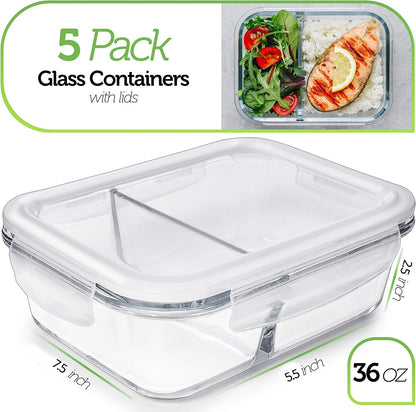 Prep Naturals Glass Meal Prep Containers - Airtight 36oz Food Storage Bowls | Dishwasher & Microwave Safe - Pack of 5, 2-Compartment Clear