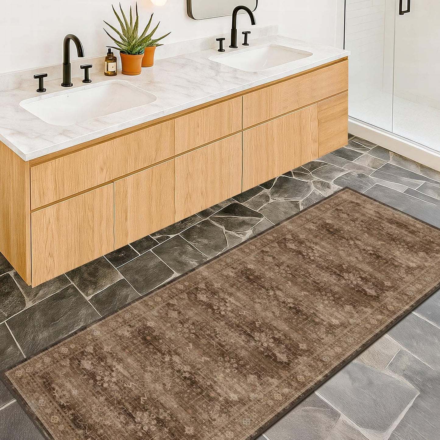 Skiennix Brown Boho Runner Rug - Washable 2x7, Non-Slip, Soft Faux Wool | Pet & Kid Friendly, Stain Resistant