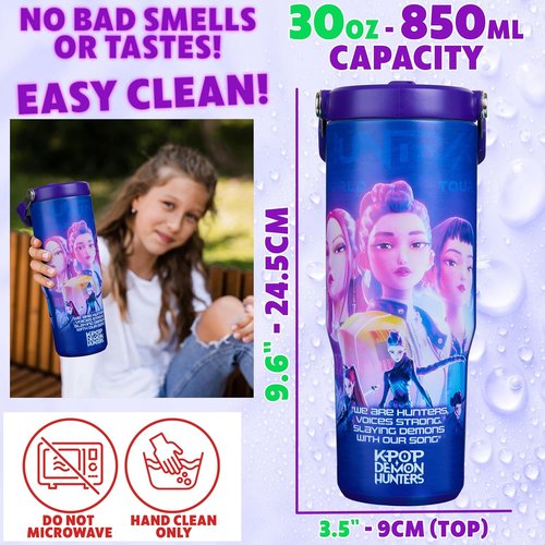 KPop Demon Hunters 30oz Insulated Stainless Steel Tumbler - Travel Mug with Straw & Handle for Teens