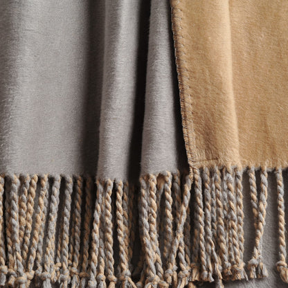 EP Mode Reversible Fringed Mulberry Silk Throw Blanket for Sofa (Light Grey/Beige)