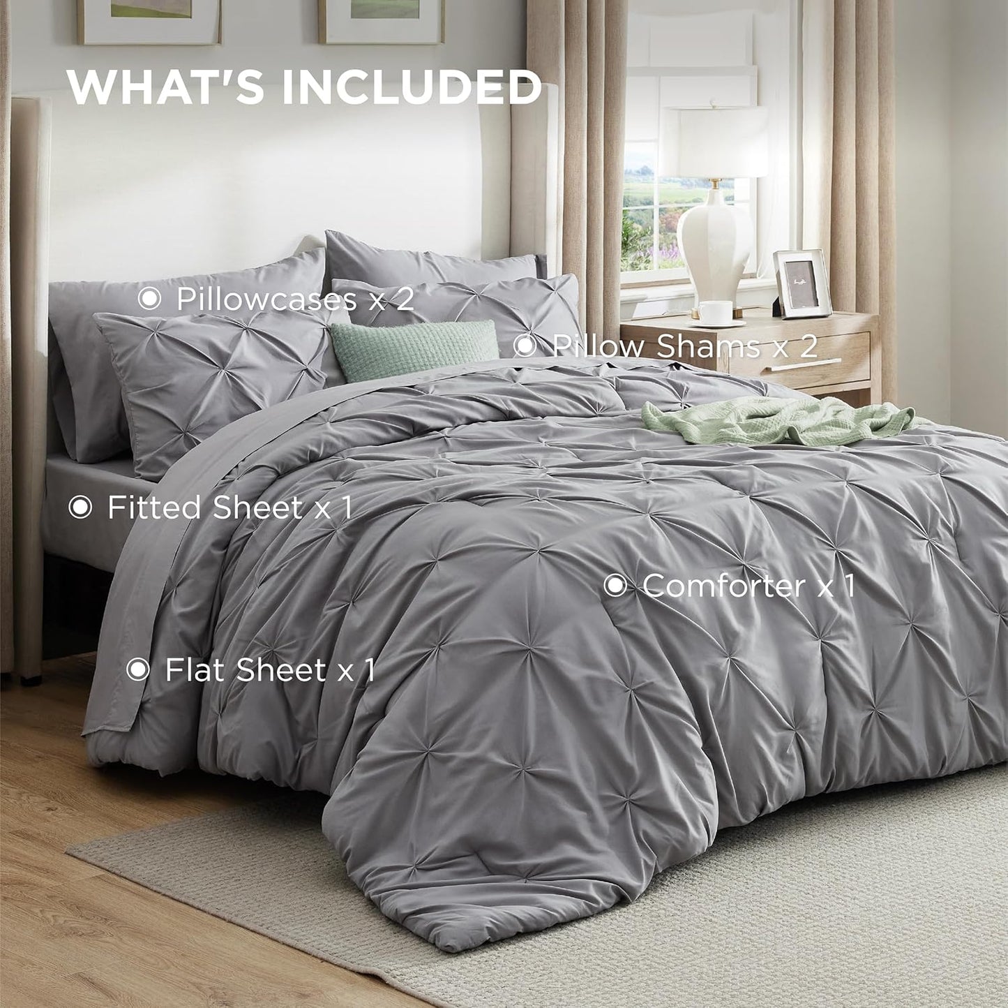Bedsure Queen Comforter Set - Grey Pintuck Bed in a Bag | 7-Piece All-Season Bedding Set with Sheets & Pillowcases