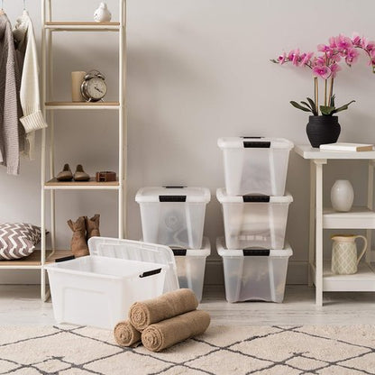 IRIS USA 32 Qt Stackable Plastic Storage Bins - BPA-Free, Durable Lids, 6 Pack - Pearl Color