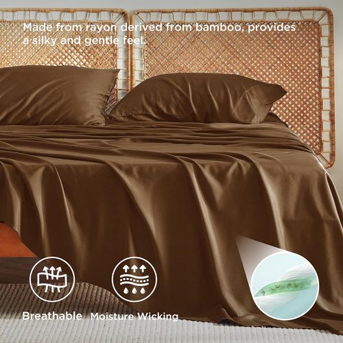Bedsure Cooling Bed Sheets - Breathable Rayon from Bamboo, Deep Pocket up to 16 Inches, Luxurious Softness in Brown