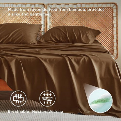 Bedsure King Size Cooling Sheets Set - Breathable Rayon from Bamboo, Soft & Luxurious, Deep Pocket Up to 16 Inches, Brown