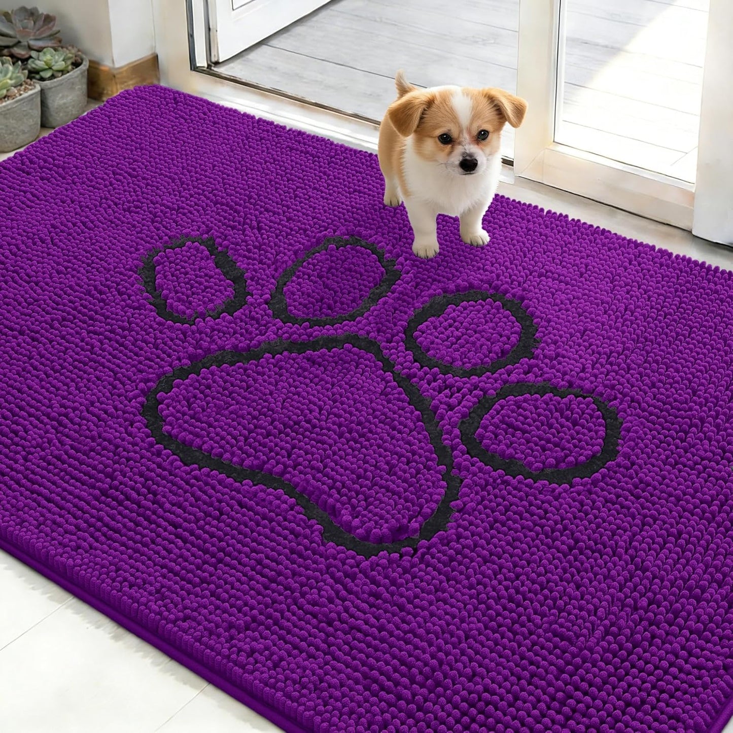OLANLY Dog Door Mat - Absorbent Non-Slip Mud Mat for Paws | 48x30 Inches, Quick Dry Chenille, Purple