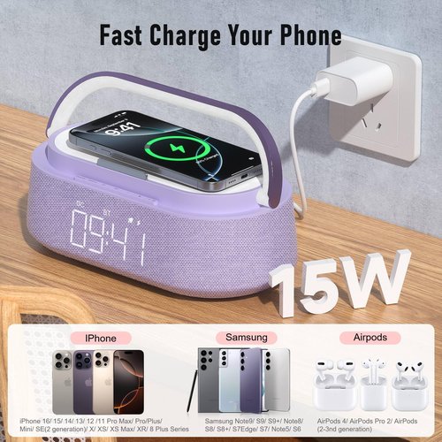 FREEFISH Bluetooth Speaker with Wireless Charger, FM Radio, Dimmer Night Light, Phone Holder, Wireless Charging Speakers for iPhone Samsung AirPods, Bedrooms Home Office Gifts